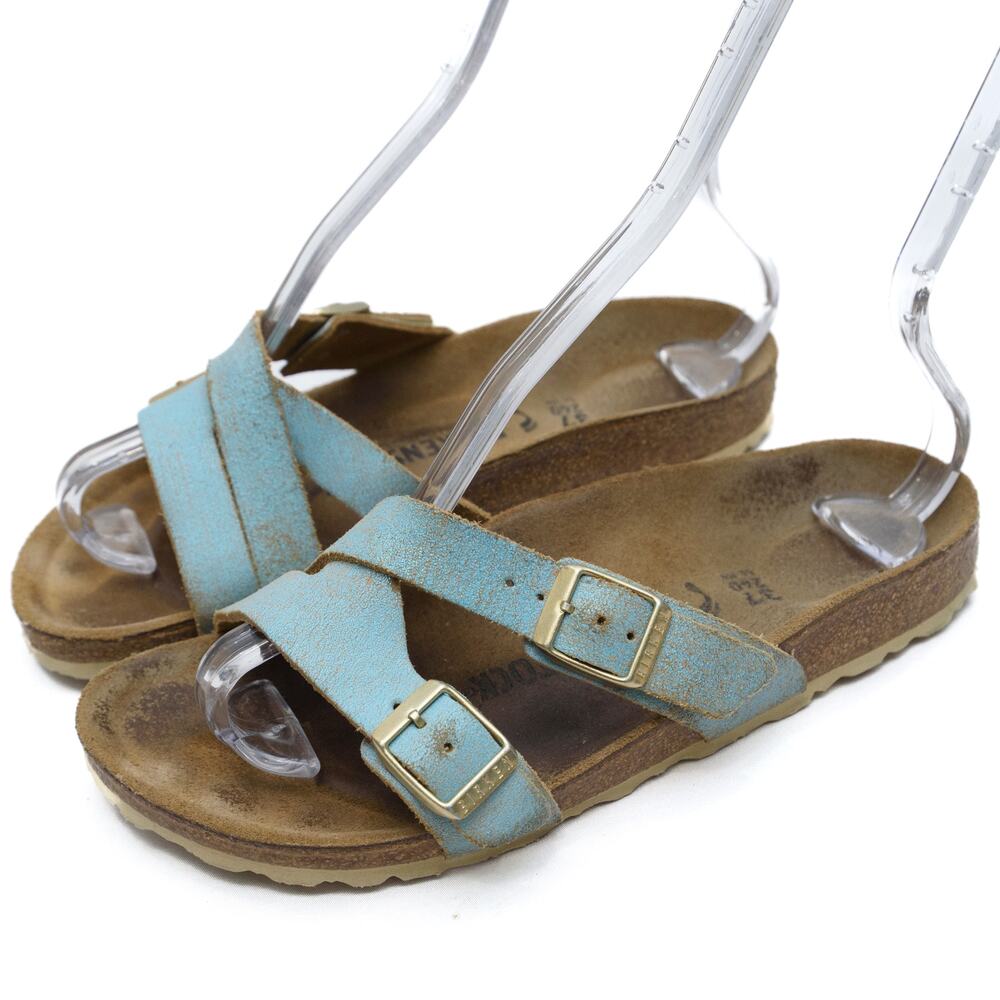 Birkenstock Yao Balance Metallic Aqua Suede Washed Sandals Size 37 US 6